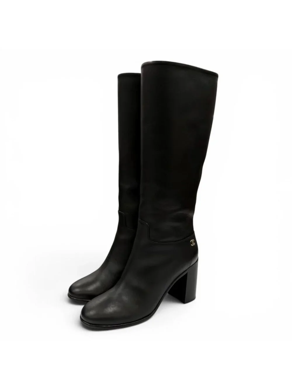 Chanel CC Logo Leather Long Boots Black Gold